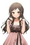  1girl :o black_hair dress floral_print hand_in_hair highres idolmaster idolmaster_million_live! kitazawa_shiho long_hair looking_at_viewer nnnn off-shoulder_dress off_shoulder simple_background solo straight_hair white_background yellow_eyes 