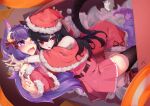  2girls :&lt; ahoge all_fours animal_ear_fluff animal_ears arm_scrunchie bangs black_hair black_legwear blush boots bow character_request christmas copyright_request dress fang hair_bow hair_ornament hat heizi_mingyue long_hair looking_at_viewer lying moon_(ornament) multiple_girls nail_polish off_shoulder on_back open_mouth pleated_skirt purple_hair purple_nails red_dress red_eyes red_footwear santa_boots santa_dress santa_hat signature skin_fang skirt surprised tail tail_raised thigh-highs v violet_eyes white_legwear xingye 