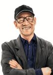  1boy baseball_cap crossed_arms glasses grey_hair grin hat highres jewelry male_focus mugetsu2501 old old_man real_life realistic ring smile tomino_yoshiyuki white_background 
