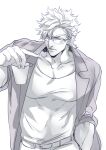  1boy bespectacled caesar_anthonio_zeppeli cup facial_mark glasses holding holding_cup jacket jojo_no_kimyou_na_bouken male_focus muscular muscular_male partially_colored purple_jacket s_gentian solo 