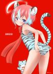  1girl 2022 adjusting_clothes adjusting_swimsuit ahoge animal animal_ear_fluff animal_ears animal_print ass bare_arms bare_shoulders blue_eyes blue_hair blue_swimsuit chinese_zodiac commentary_request leaning_forward multicolored_hair muu_rian one-piece_swimsuit original red_background red_scarf redhead scarf simple_background solo star_(symbol) star_in_eye streaked_hair swimsuit symbol_in_eye tail tail_raised tiger tiger_ears tiger_girl tiger_print tiger_tail twitter_username year_of_the_tiger 