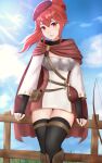  1girl absurdres anna_(fire_emblem) bangs belt belt_pouch beret black_gloves black_legwear blue_sky blush bow_(weapon) brown_belt cape commentary day dress elbow_gloves english_commentary fingerless_gloves fire_emblem fire_emblem_warriors floating_hair gloves hair_between_eyes hat highres lips long_hair long_sleeves looking_at_viewer outdoors parted_lips pink_lips ponytail pouch red_cape red_eyes red_headwear redhead sidelocks sky sleeptopi solo sunlight thigh-highs weapon white_dress zettai_ryouiki 