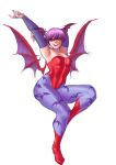  1girl armpits arms_up boots breasts bridal_gauntlets demon_girl elbow_gloves full_body gloves head_wings highres leotard lilith_aensland looking_at_viewer open_mouth pantyhose purple_gloves purple_hair purple_legwear red_eyes red_footwear red_leotard red_wings short_hair simple_background small_breasts smile solo strapless strapless_leotard vampire_(game) white_background wings yuteki01 