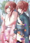  2girls bangs blue_flower blurry blurry_background blush bow brown_eyes brown_hair candy_apple closed_mouth commentary_request depth_of_field eyebrows_visible_through_hair floral_print flower food hair_between_eyes hair_flower hair_ornament head_tilt idolmaster idolmaster_shiny_colors japanese_clothes kimono long_hair long_sleeves multiple_girls negsaan obi oosaki_amana oosaki_tenka paper_fan pink_kimono print_kimono purple_bow sash siblings side_ponytail signature sisters sitting smile twins wide_sleeves 