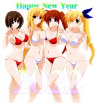  2022 4girls bikini blonde_hair blue_eyes breasts brown_hair engo_(aquawatery) fate_testarossa feet_out_of_frame hair_ornament highres large_breasts long_hair lyrical_nanoha medium_breasts navel new_year red_eyes short_hair takamachi_nanoha vivio x_hair_ornament yagami_hayate 