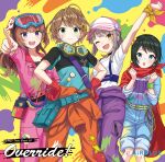  4girls ahoge akagawa_chisa album_cover bag brown_hair cover cue! eniwa_airi eyebrows_visible_through_hair green_eyes green_hair hat highres kujo_yuzuha light_brown_hair multiple_girls official_art one_eye_closed open_mouth short_hair tagme tendo_yuuki violet_eyes 