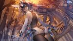  1girl ass azur_lane bangs bare_shoulders blue_eyes bodysuit bodysuit_under_clothes breasts closed_mouth commentary_request copyright_name dress elbow_gloves gloves hanusu headgear highres large_breasts logo long_hair looking_at_viewer looking_back new_jersey_(azur_lane) official_art short_dress simple_background skin_tight sleeveless sleeveless_dress smile 