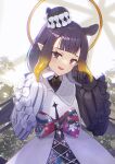  1girl bangs black_gloves blunt_bangs bow bowtie gloves halo hat highres hololive hololive_english long_hair looking_at_viewer mole mole_under_eye ninomae_ina&#039;nis pointy_ears purple_hair ranyu solo violet_eyes virtual_youtuber white_gloves 