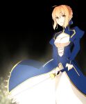  1girl ahoge artoria_pendragon_(all) blonde_hair blue_ribbon breasts cleavage_cutout clothing_cutout excalibur_(fate/stay_night) fate/grand_order fate/stay_night fate_(series) green_eyes hair_bun hair_ribbon holding holding_weapon juliet_sleeves long_sleeves maru_(pixiv51714255) medium_breasts puffy_sleeves ribbon saber solo sword weapon 