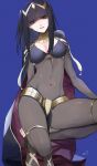  1girl bangs blue_background blunt_bangs bodystocking bodysuit bracelet bridal_gauntlets cape circlet covered_navel fire_emblem fire_emblem_awakening highres jewelry kataku_musou skin_tight solo squatting tharja_(fire_emblem) tiara two_side_up violet_eyes 