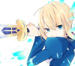  1girl ahoge artoria_pendragon_(all) blonde_hair blue_ribbon breasts cleavage_cutout clothing_cutout excalibur_(fate/stay_night) fate/grand_order fate/stay_night fate_(series) green_eyes hair_bun hair_ribbon holding holding_weapon juliet_sleeves long_sleeves maru_(pixiv51714255) medium_breasts puffy_sleeves ribbon saber solo sword weapon 