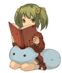  1girl bad_id bad_pixiv_id blood book bow child covered_mouth creature elona expressionless eyebrows_visible_through_hair full_body green_eyes green_hair hair_bow harusame_(rueken) holding holding_book kindergarten_uniform loafers long_sleeves looking_at_viewer medium_hair microskirt no_sclera open_book putit putit_(elona) reading red_footwear red_shirt shiny shiny_hair shirt shoes sidelocks simple_background sitting skirt socks solo sweatdrop tareme two_side_up wariza white_background white_legwear yellow_bow younger_sister_(elona) 