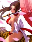  1girl absurdres animal_ears back bare_legs bare_shoulders bow breasts brown_hair cherry_blossoms fatal_fury highres large_breasts looking_at_viewer looking_back ninja ponytail red_eyes revealing_clothes riding sash shaded_face shiranui_mai sideboob simple_background solo the_king_of_fighters thigh-highs tied_hair tiger tiger_ears tiger_stripes uladola umbrella white_background white_bow white_sash 