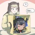  2girls ? alpine_marmot_(kemono_friends) animal_ears bangs black_eyes black_hair blonde_hair box broken_horn brown_hair closed_eyes closed_mouth confused eyebrows_visible_through_hair eyelashes furrowed_brow gloves goshingyu-sama_(kemono_friends) grabbing grey_hair hand_on_another&#039;s_cheek hand_on_another&#039;s_face horn_grab horns kemono_friends light_blush light_smile long_hair long_sleeves looking_at_object mukouyama_mu multicolored_hair multiple_girls open_mouth ox_ears ox_horns sleeping sleeping_upright spoken_question_mark sweater tan two-tone_hair yellow_horns zzz 