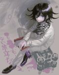  1boy bangs black_scarf brown_footwear checkered_clothes checkered_scarf danganronpa_(series) danganronpa_v3:_killing_harmony flipped_hair from_above grey_background hair_between_eyes highres jacket long_sleeves male_focus ouma_kokichi pink_footwear scarf shiny shiny_hair shoes short_hair smile solo translation_request visket53 
