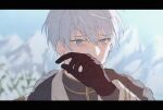  1boy arthur_(mahoutsukai_no_yakusoku) blue_eyes blush crying forest gloves highres letterboxed mahoutsukai_no_yakusoku male_focus nature pale_skin shikino_(user_gxnv5542) snow tearing_up tears white_hair 