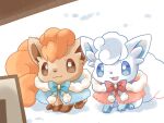  :3 :d alolan_vulpix blue_bow blue_eyes bow brown_eyes capelet closed_mouth commentary_request fur_trim hood hood_down hooded_capelet kana_(maple926) no_humans open_mouth pokemon pokemon_(creature) red_bow smile toes vulpix white_background 