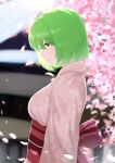  1girl absurdres alternate_costume anima_miko bangs blurry blurry_background breasts cherry_blossoms closed_mouth eyebrows_visible_through_hair floral_print from_side green_hair highres japanese_clothes kazami_yuuka kimono long_sleeves outdoors pink_kimono red_eyes sash short_hair solo touhou upper_body 
