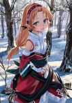  1girl :d blue_eyes blush character_request fur-trimmed_skirt fur_trim green_sash hairband highres long_hair looking_at_viewer low-tied_long_hair luicent open_mouth orange_hair pointy_ears red_hairband red_skirt sash skirt smile snow solo standing utawarerumono 
