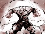  1boy bald belt eyepatch fighting_stance glowing_hands greyscale highres ishiyumi looking_ahead male_focus monochrome muscular muscular_male one_eye_covered sagat scar scar_on_chest scowl shorts solo street_fighter topless_male 