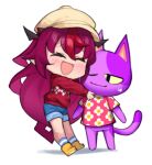  animal_crossing animal_ears blush bob_(animal_crossing) boots cat_ears dasdokter hat hololive hololive_english horns hug irys_(hololive) long_hair long_sleeves multicolored_hair pointy_ears purple_hair redhead short_hair shorts smile sweater tail virtual_youtuber 