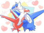  animal_focus blurry blurry_background blush closed_eyes closed_mouth commentary_request heart highres hug kana_(maple926) latias latios no_humans open_mouth pokemon pokemon_(creature) red_eyes simple_background 
