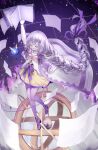  1girl absurdres arcaea book braid closed_eyes high_heels highres lagrange_(arcaea) monocle pale_skin purple_hair sky star_(sky) star_(symbol) starry_sky xy_wang 