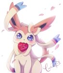  blue_eyes box english_commentary english_text fang fang_out fangs glowing heart-shaped_box in_mouth looking_at_viewer no_humans petals pokemon pokemon_(creature) pokemon_(game) pokemon_xy runeko signature simple_background sparkling_eyes sylveon valentine white_background 