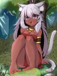  1girl :d ahoge animal_ear_fluff animal_ears bangs barefoot cat_ears cat_girl cat_tail dark-skinned_female dark_skin eyebrows_visible_through_hair facial_mark feet grey_hair hair_between_eyes highres jewelry long_hair looking_at_viewer multiple_tails necklace ocha_no_mae original sitting smile soles solo tail tail_raised toes violet_eyes whisker_markings 