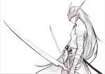  1boy bandaged_arm bandages dual_wielding from_side holding holding_sword holding_weapon lc.kid league_of_legends long_hair male_focus mask mask_removed simple_background sketch solo sword topless_male weapon white_background yone_(league_of_legends) 