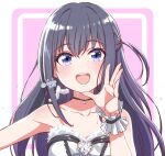  1girl :d bangs black_hair blue_eyes eyebrows_visible_through_hair fuusuke_(fusuke208) highres idol idoly_pride long_hair looking_at_viewer nagase_mana open_mouth smile solo upper_body 