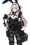  1girl absurdres alternate_costume an-94 an-94_(girls&#039;_frontline) assault_rifle between_breasts black_legwear black_leotard black_necktie breasts girls_frontline green_eyes gun highres large_breasts leotard long_hair long_sleeves necktie necktie_between_breasts pantyhose platinum_blonde_hair playboy_bunny pz-15 rifle shrug_(clothing) simple_background solo weapon white_background wrist_cuffs 