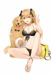  1girl absurdres bikini black_bikini breasts brown_eyes brown_hair chilli_646 choker dog earrings front-tie_bikini front-tie_top girls_frontline hair_ornament hairclip highres jewelry long_hair medium_breasts navel necklace sandals solo swimsuit twintails ump9_(girls&#039;_frontline) v yellow_nails 