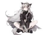  1girl animal_ears apple_da-ze arknights bangs black_coat black_footwear boots closed_mouth coat fingerless_gloves full_body gloves grey_eyes grey_gloves grey_hair high_collar highres indian_style lappland_(arknights) long_hair long_sleeves oripathy_lesion_(arknights) scar scar_across_eye shorts simple_background sitting solo symbol-only_commentary tail white_background 