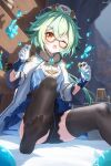  1girl ;o animal_ear_fluff animal_ears bangs beret black_legwear black_shorts brown-framed_eyewear brown_eyes brown_legwear commentary_request crossed_legs dango_remi eyebrows_visible_through_hair foot_out_of_frame fur_trim genshin_impact glasses gloves green_hair hair_between_eyes hands_up hat highres holding holding_test_tube jacket knees long_hair long_sleeves looking_at_viewer no_shoes one_eye_closed open_mouth palette_(object) semi-rimless_eyewear shorts sitting slime_(genshin_impact) soles solo spilling sucrose_(genshin_impact) test_tube thigh-highs under-rim_eyewear very_long_hair vial vision_(genshin_impact) white_gloves white_headwear white_jacket wide_sleeves 