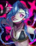  1girl arm_tattoo bangs black_background blue_hair braid breasts bullet character_name cloud_tattoo collarbone dated finger_gun finger_gun_to_head fingerless_gloves gloves grin jewelry jinx_(league_of_legends) league_of_legends long_hair looking_at_viewer necklace nuo_mi_zhi_tuan pink_background shiny shiny_skin smile solo tattoo teeth translation_request twin_braids upper_body very_long_hair 