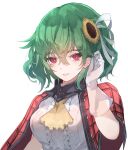  1girl adjusting_hair arm_at_side arm_up ascot bangs bangs_pinned_back blush breasts buttons capelet center_frills chiroru_(cheese-roll) colored_eyelashes commentary flower frills green_hair hair_between_eyes hair_flower hair_ornament hair_ribbon kazami_yuuka large_breasts light_smile lips plaid plaid_capelet red_capelet red_eyes ribbon short_hair skirt solo standing sunflower touhou upper_body white_background white_ribbon yellow_ascot yellow_flower 