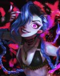  1girl arm_tattoo bangs black_background blue_hair braid breasts bullet character_name cloud_tattoo collarbone dated finger_gun finger_gun_to_head fingerless_gloves gloves grin jewelry jinx_(league_of_legends) league_of_legends long_hair looking_at_viewer necklace nuo_mi_zhi_tuan pink_background shiny shiny_skin smile solo tattoo teeth translation_request twin_braids upper_body very_long_hair 