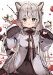  1girl animal_ear_fluff animal_ears bell bow chinese_zodiac coat dress frilled_sleeves frills fur_collar goma_(u_p) grey_hair highres long_hair long_sleeves looking_at_viewer multicolored_hair new_year original paw_pose silver_hair sleeves_past_fingers sleeves_past_wrists smile streaked_hair striped_tail tail tail_bell tail_bow tail_ornament year_of_the_tiger 