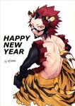  1boy animal_ears animal_print background_text bare_back boku_no_hero_academia costume detached_sleeves fingerless_gloves gloves groin happy_new_year headgear highres kirishima_eijirou looking_at_viewer looking_back male_focus new_year no_shirt redhead short_hair sitting solo spiky_hair tai_kusu tail tiger_ears tiger_print tiger_tail toned toned_male twitter_username white_background younger 