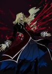  1boy beard bleeding blonde_hair blood blood_on_chest blue_eyes facial_hair fate/grand_order fate_(series) hermithessa impaled long_coat long_hair male_focus solo vlad_iii_(fate/apocrypha) 