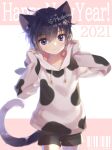  1boy animal_ears animal_print cat_boy cat_ears cat_tail chinese_zodiac cow_print hashimo_kikuri highres male_focus new_year original pale_skin tail year_of_the_ox 