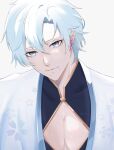  1boy earrings floral_print genshin_impact grey_eyes grey_hair highres jewelry kamisato_ayato light_smile looking_at_viewer male_focus mole mole_under_eye mole_under_mouth short_hair solo upper_body yuun_ko 