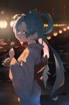  1girl :t back_bow blue_eyes blue_hair blurry blurry_background blush bow copyright_request depth_of_field eating food_request from_side grey_kimono hair_rings highres holding japanese_clothes kimono long_hair long_sleeves looking_at_viewer looking_to_the_side obi sash smile solo standing wonchun yukata 
