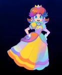  1girl :d blue_eyes blush brown_hair crown denaseey dress earrings english_commentary eyebrows_visible_through_hair flower_earrings full_body gloves hands_on_hips highres jewelry long_dress looking_at_viewer open_mouth princess_daisy smile solo super_mario_bros. white_gloves 