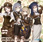  4girls album_cover blonde_hair blue_hair brown_hair cover cue! garters glasses grey_hair hat highres maruyama_rie multicolored_hair multiple_girls myojin_rinne official_art short_hair smile tagme thigh-highs toomi_mei utsugi_satori weapon yellow_eyes 