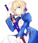  1girl ahoge artoria_pendragon_(all) blonde_hair blue_ribbon breasts cleavage_cutout clothing_cutout excalibur_(fate/stay_night) fate/grand_order fate/stay_night fate_(series) green_eyes hair_bun hair_ribbon holding holding_weapon juliet_sleeves long_sleeves maru_(pixiv51714255) medium_breasts puffy_sleeves ribbon saber solo sword weapon 