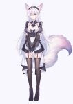  1girl absurdres ahoge animal_ears apron bell buckle commentary_request elbow_gloves fox_ears fox_girl fox_tail full_body garter_straps gloves grey_background highres kirby_d_a long_hair looking_at_viewer maid maid_apron maid_headdress neck_bell original revision simple_background solo tail thigh-highs very_long_hair violet_eyes white_hair 