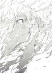  1girl blush fish from_side greyscale hand_up highres monochrome original parted_lips profile solo underwater wataboku wide-eyed 