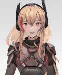  1girl :d absurdres armor bangs blonde_hair bright_pupils commentary commission crossed_bangs english_commentary gar32 girls_frontline grey_background hair_between_eyes headgear highres long_hair looking_at_viewer m4_sopmod_ii_(girls&#039;_frontline) multicolored_hair red_eyes simple_background smile solo streaked_hair upper_body white_pupils 